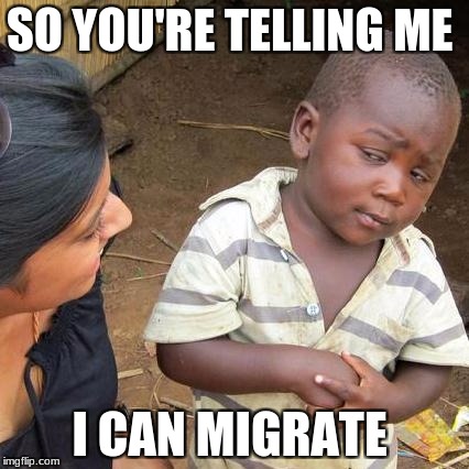 Third World Skeptical Kid Meme | SO YOU'RE TELLING ME; I CAN MIGRATE | image tagged in memes,third world skeptical kid | made w/ Imgflip meme maker