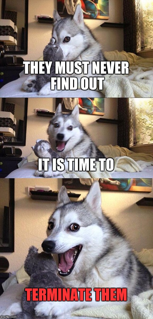 Bad Pun Dog Meme | THEY MUST NEVER FIND OUT IT IS TIME TO TERMINATE THEM | image tagged in memes,bad pun dog | made w/ Imgflip meme maker