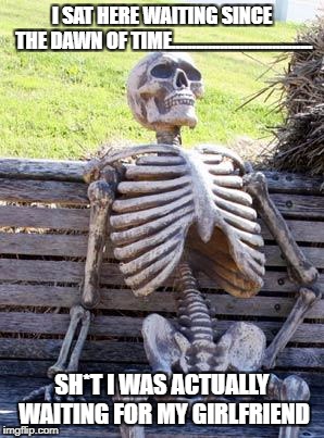 Waiting Skeleton Meme | I SAT HERE WAITING SINCE THE DAWN OF TIME................................... SH*T I WAS ACTUALLY WAITING FOR MY GIRLFRIEND | image tagged in memes,waiting skeleton | made w/ Imgflip meme maker
