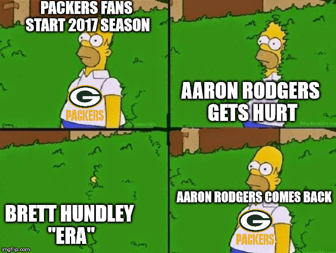 Homer Simpson Going In Coming out | PACKERS FANS START 2017 SEASON; AARON RODGERS GETS HURT; BRETT HUNDLEY "ERA"; AARON RODGERS COMES BACK | image tagged in homer simpson going in coming out | made w/ Imgflip meme maker