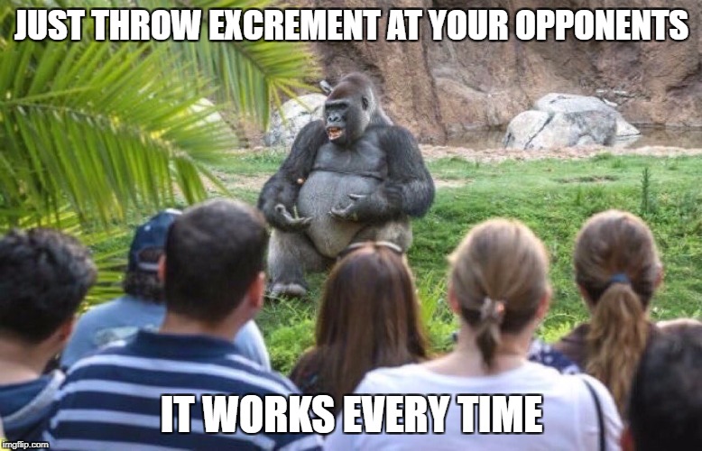 Just throw excrement at your opponents | JUST THROW EXCREMENT AT YOUR OPPONENTS; IT WORKS EVERY TIME | image tagged in political strategy,talking ape,liberal,political memes | made w/ Imgflip meme maker