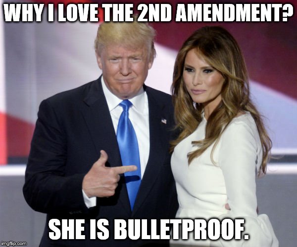Trump melania pointing | WHY I LOVE THE 2ND AMENDMENT? SHE IS BULLETPROOF. | image tagged in trump melania pointing | made w/ Imgflip meme maker