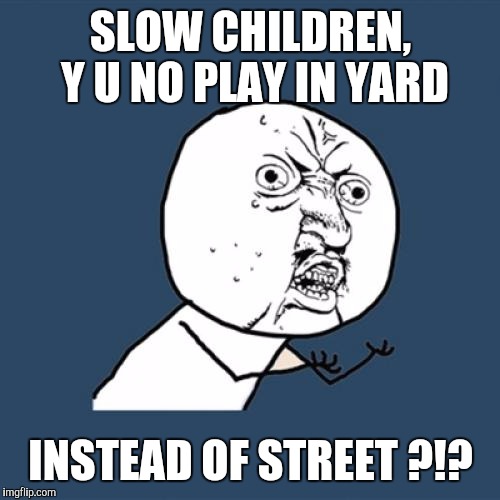Y U No Meme | SLOW CHILDREN, Y U NO PLAY IN YARD INSTEAD OF STREET ?!? | image tagged in memes,y u no | made w/ Imgflip meme maker