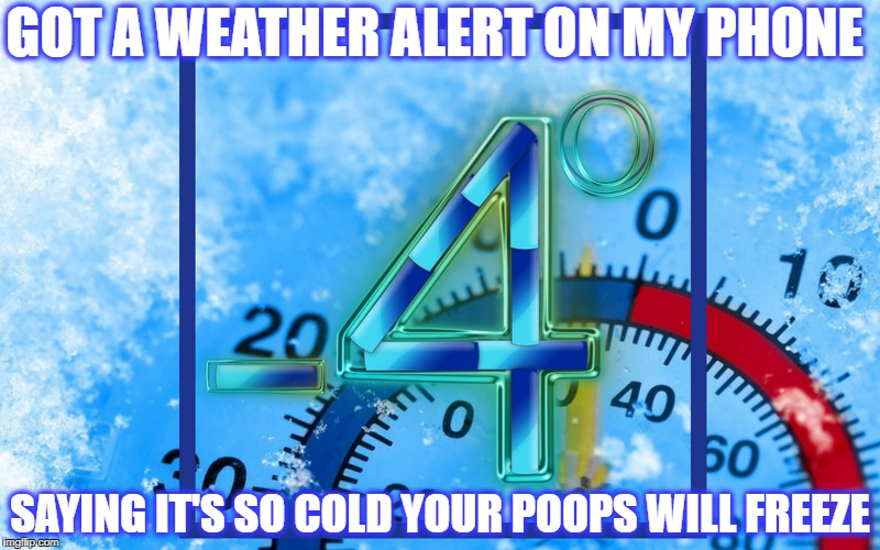 never noticed -4* is that cold  | GOT A WEATHER ALERT ON MY PHONE; SAYING IT'S SO COLD YOUR POOPS WILL FREEZE | image tagged in cold weather,freezing,memes,funny,negative,weather | made w/ Imgflip meme maker