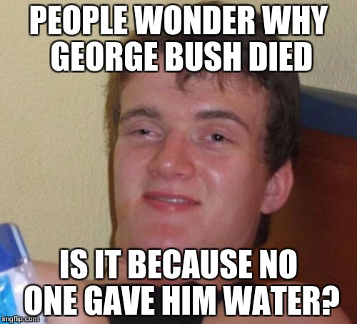 10 Guy Meme | PEOPLE WONDER WHY GEORGE BUSH DIED; IS IT BECAUSE NO ONE GAVE HIM WATER? | image tagged in memes,10 guy | made w/ Imgflip meme maker