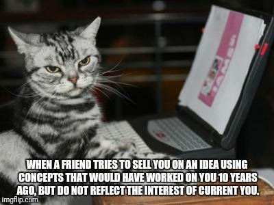 Cat computer | WHEN A FRIEND TRIES TO SELL YOU ON AN IDEA USING CONCEPTS THAT WOULD HAVE WORKED ON YOU 10 YEARS AGO, BUT DO NOT REFLECT THE INTEREST OF CURRENT YOU. | image tagged in cat computer | made w/ Imgflip meme maker