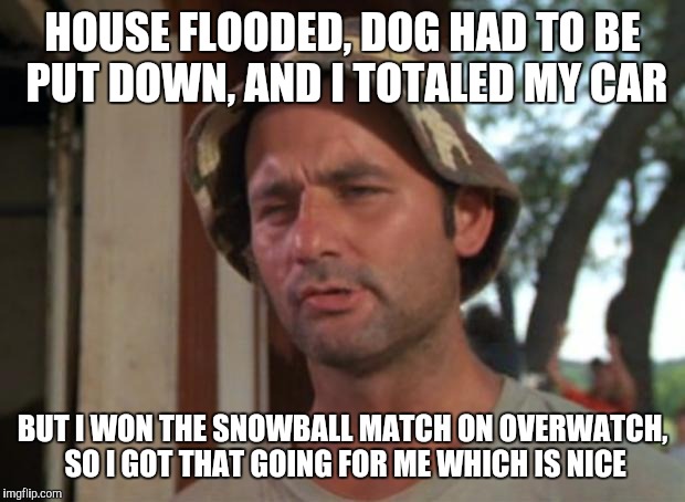 So I Got That Goin For Me Which Is Nice Meme | HOUSE FLOODED, DOG HAD TO BE PUT DOWN, AND I TOTALED MY CAR; BUT I WON THE SNOWBALL MATCH ON OVERWATCH, SO I GOT THAT GOING FOR ME WHICH IS NICE | image tagged in memes,so i got that goin for me which is nice | made w/ Imgflip meme maker