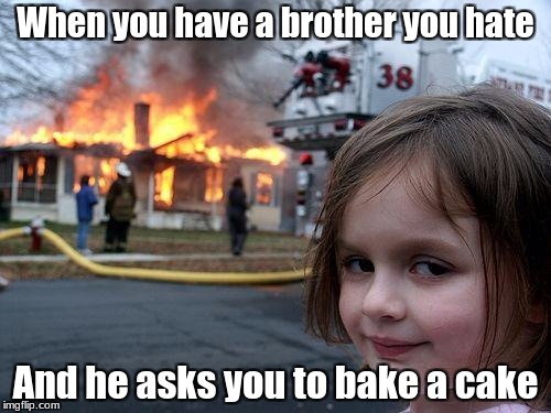Disaster Girl | When you have a brother you hate; And he asks you to bake a cake | image tagged in memes,disaster girl | made w/ Imgflip meme maker