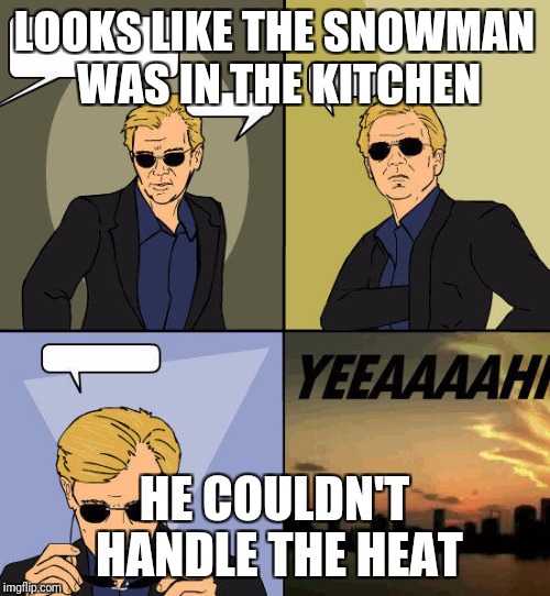 CSI Miami Yeah | LOOKS LIKE THE SNOWMAN WAS IN THE KITCHEN; HE COULDN'T HANDLE THE HEAT | image tagged in csi miami yeah | made w/ Imgflip meme maker