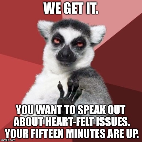 Fifteen minutes of fame | WE GET IT. YOU WANT TO SPEAK OUT ABOUT HEART-FELT ISSUES. YOUR FIFTEEN MINUTES ARE UP. | image tagged in memes,chill out lemur,fifteen minutes of fame,speech,issues,protest | made w/ Imgflip meme maker