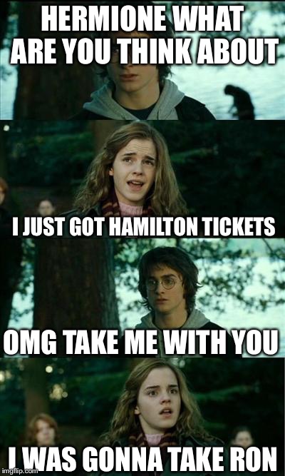 Harry Potter and Hermione | HERMIONE WHAT ARE YOU THINK ABOUT; I JUST GOT HAMILTON TICKETS; OMG TAKE ME WITH YOU; I WAS GONNA TAKE RON | image tagged in harry potter and hermione | made w/ Imgflip meme maker