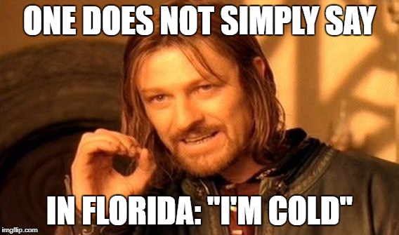 One Does Not Simply | ONE DOES NOT SIMPLY SAY; IN FLORIDA: "I'M COLD" | image tagged in memes,one does not simply | made w/ Imgflip meme maker