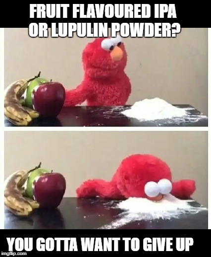 elmo | FRUIT FLAVOURED IPA OR LUPULIN POWDER? YOU GOTTA WANT TO GIVE UP | image tagged in elmo | made w/ Imgflip meme maker