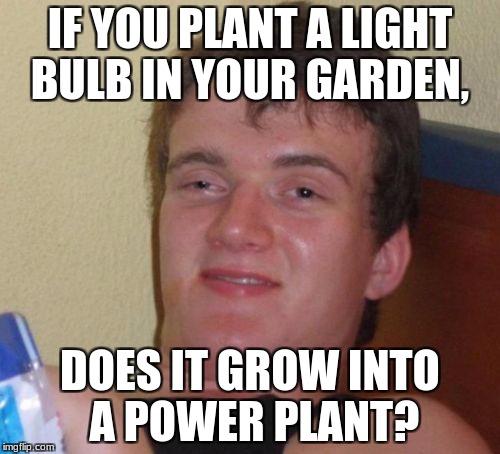 Its Growing on me... 
 ELECTRICITY WEEK Dec.9-Dec.16 A TrainerPip Event! | IF YOU PLANT A LIGHT BULB IN YOUR GARDEN, DOES IT GROW INTO A POWER PLANT? | image tagged in memes,10 guy,gardening,electricity week,funny,too many tags | made w/ Imgflip meme maker