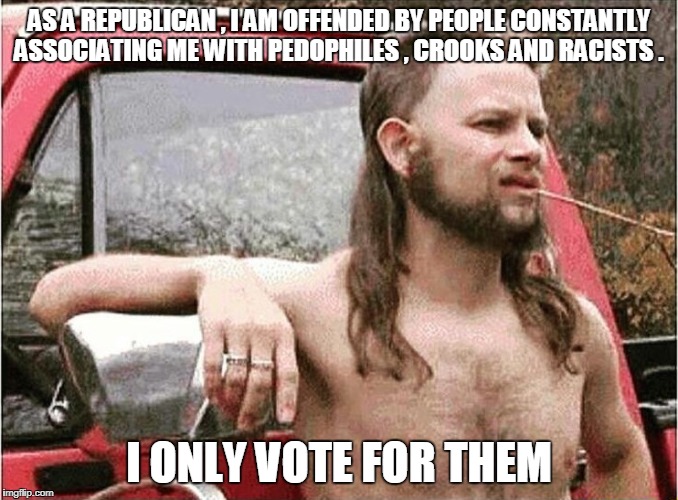 Redneck | AS A REPUBLICAN , I AM OFFENDED BY PEOPLE CONSTANTLY ASSOCIATING ME WITH PEDOPHILES , CROOKS AND RACISTS . I ONLY VOTE FOR THEM | image tagged in redneck,republicans | made w/ Imgflip meme maker