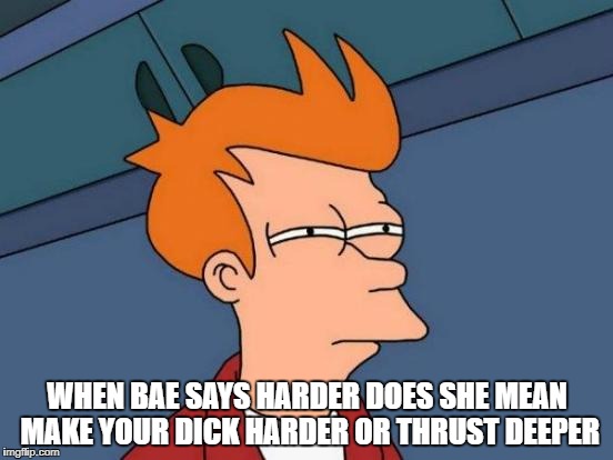 what does it really mean by harder | WHEN BAE SAYS HARDER DOES SHE MEAN MAKE YOUR DICK HARDER OR THRUST DEEPER | image tagged in memes,futurama fry,nsfw,dicksoutforharambe | made w/ Imgflip meme maker