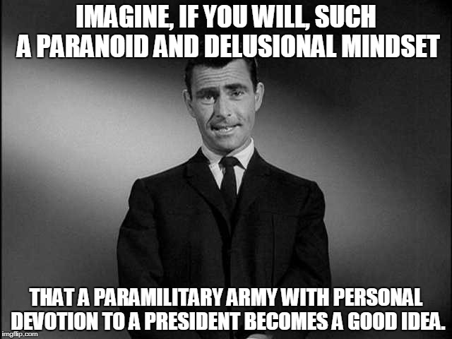 Imagine If You Will...... | IMAGINE, IF YOU WILL, SUCH A PARANOID AND DELUSIONAL MINDSET; THAT A PARAMILITARY ARMY WITH PERSONAL DEVOTION TO A PRESIDENT BECOMES A GOOD IDEA. | image tagged in imagine if you will | made w/ Imgflip meme maker