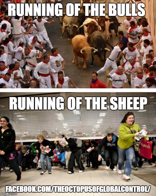 The Running of the Sheep | RUNNING OF THE BULLS; RUNNING OF THE SHEEP; FACEBOOK.COM/THEOCTOPUSOFGLOBALCONTROL/ | image tagged in black friday,black friday at walmart,black friday matters,dumb people,christmas shopping,holiday shopping | made w/ Imgflip meme maker