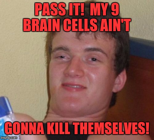 10 Guy | PASS IT!  MY 9 BRAIN CELLS AIN'T; GONNA KILL THEMSELVES! | image tagged in memes,10 guy | made w/ Imgflip meme maker