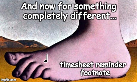 monty python timesheet reminder | And now for something completely different... ♩; timesheet reminder 
footnote | image tagged in monty python timesheet reminder | made w/ Imgflip meme maker