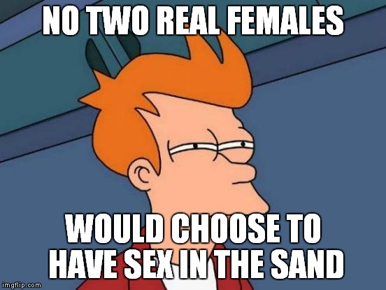 Futurama Fry Meme | NO TWO REAL FEMALES WOULD CHOOSE TO HAVE SEX IN THE SAND | image tagged in memes,futurama fry | made w/ Imgflip meme maker