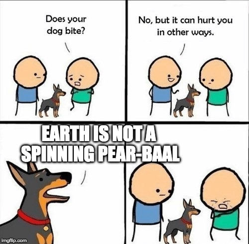 Pear Baal | EARTH IS NOT A SPINNING PEAR-BAAL | image tagged in does your dog bite,fepe,flat earth,globexit | made w/ Imgflip meme maker