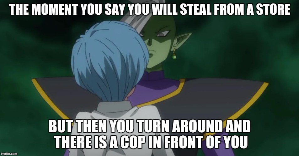 Zamasu and Bulma | THE MOMENT YOU SAY YOU WILL STEAL FROM A STORE; BUT THEN YOU TURN AROUND AND THERE IS A COP IN FRONT OF YOU | image tagged in zamasu and bulma | made w/ Imgflip meme maker