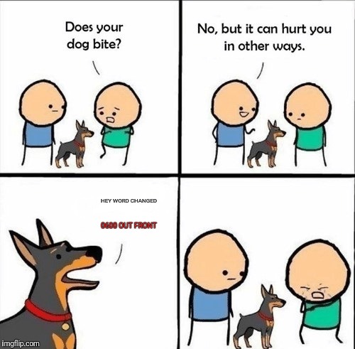 does your dog bite | HEY WORD CHANGED; 0600 OUT FRONT | image tagged in does your dog bite | made w/ Imgflip meme maker