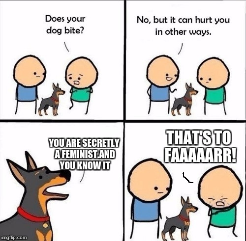 does your dog bite | YOU ARE SECRETLY A FEMINIST.AND YOU KNOW IT; THAT'S TO FAAAAARR! | image tagged in does your dog bite | made w/ Imgflip meme maker