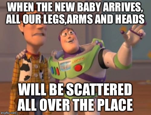 The new baby's coming  | WHEN THE NEW BABY ARRIVES, ALL OUR LEGS,ARMS AND HEADS; WILL BE SCATTERED ALL OVER THE PLACE | image tagged in memes,x x everywhere | made w/ Imgflip meme maker