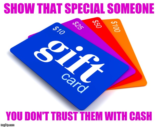 Christmas gift | SHOW THAT SPECIAL SOMEONE; YOU DON'T TRUST THEM WITH CASH | image tagged in gift cards | made w/ Imgflip meme maker