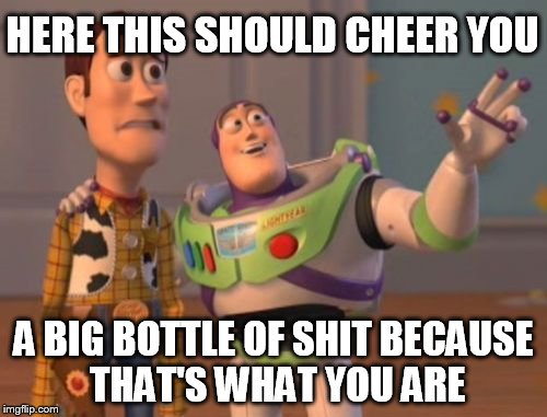 X, X Everywhere Meme | HERE THIS SHOULD CHEER YOU; A BIG BOTTLE OF SHIT BECAUSE THAT'S WHAT YOU ARE | image tagged in memes,x x everywhere | made w/ Imgflip meme maker