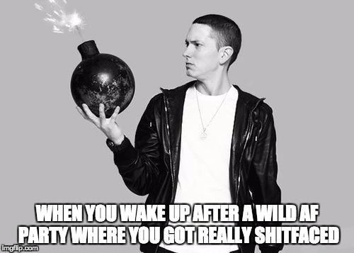 Eminem bomb | WHEN YOU WAKE UP AFTER A WILD AF PARTY WHERE YOU GOT REALLY SHITFACED | image tagged in eminem bomb | made w/ Imgflip meme maker