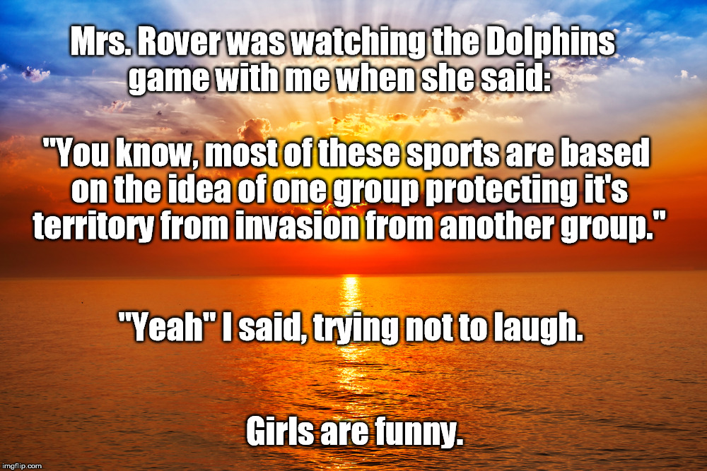 Mrs. Rover was watching the Dolphins game with me when she said:; "You know, most of these sports are based on the idea of one group protecting it's territory from invasion from another group."; "Yeah" I said, trying not to laugh. Girls are funny. | made w/ Imgflip meme maker