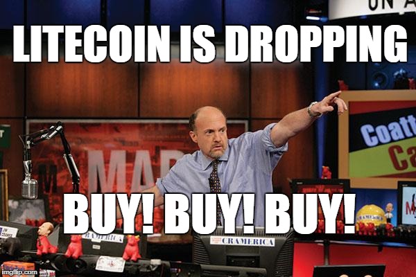 Mad Money Jim Cramer Meme | LITECOIN IS DROPPING; BUY! BUY! BUY! | image tagged in memes,mad money jim cramer,litecoin | made w/ Imgflip meme maker