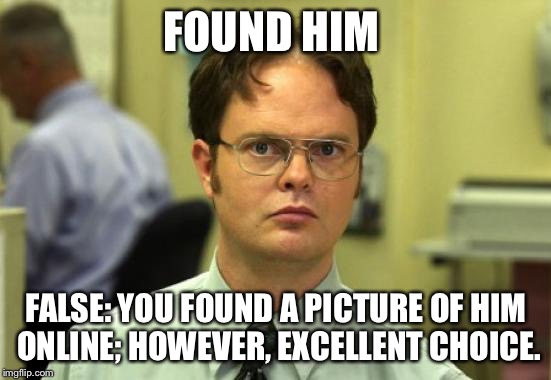 Dwight Schrute Meme | FOUND HIM; FALSE: YOU FOUND A PICTURE OF HIM ONLINE; HOWEVER, EXCELLENT CHOICE. | image tagged in memes,dwight schrute | made w/ Imgflip meme maker
