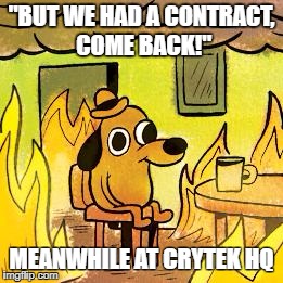 Dog in burning house | "BUT WE HAD A CONTRACT, COME BACK!"; MEANWHILE AT CRYTEK HQ | image tagged in dog in burning house,starcitizen | made w/ Imgflip meme maker