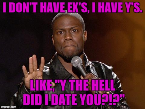 Y's | I DON'T HAVE EX'S, I HAVE Y'S. LIKE,"Y THE HELL DID I DATE YOU?!?" | image tagged in kevin hart | made w/ Imgflip meme maker