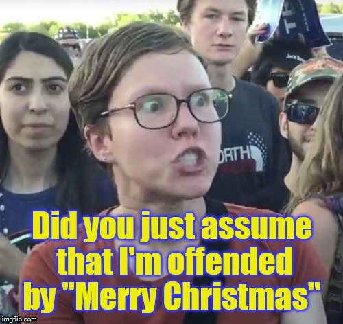 Be careful when wishing a "Happy Holidays" to someone, they may be offended. | Did you just assume that I'm offended by "Merry Christmas" | image tagged in triggered feminist,christmas,funny,offended | made w/ Imgflip meme maker