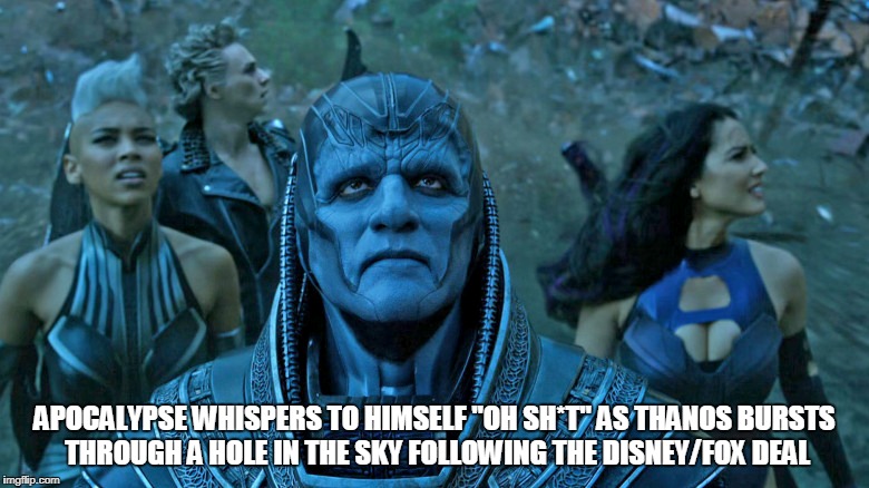 APOCALYPSE WHISPERS TO HIMSELF "OH SH*T" AS THANOS BURSTS THROUGH A HOLE IN THE SKY FOLLOWING THE DISNEY/FOX DEAL | image tagged in marvel,mcu,marvelstrips,x men,infinity war,funny | made w/ Imgflip meme maker