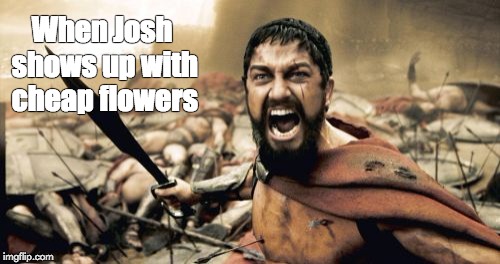Sparta Leonidas Meme | When Josh shows up with cheap flowers | image tagged in memes,sparta leonidas | made w/ Imgflip meme maker