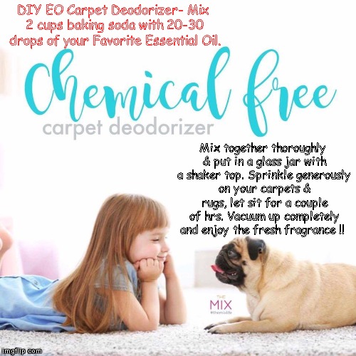 DIY EO Carpet Deodorizer-
Mix 2 cups baking soda with 20-30 drops of your Favorite Essential Oil. Mix together thoroughly & put in a glass jar with a shaker top. Sprinkle generously on your carpets & rugs, let sit for a couple of hrs. Vacuum up completely and enjoy the fresh fragrance !! | made w/ Imgflip meme maker