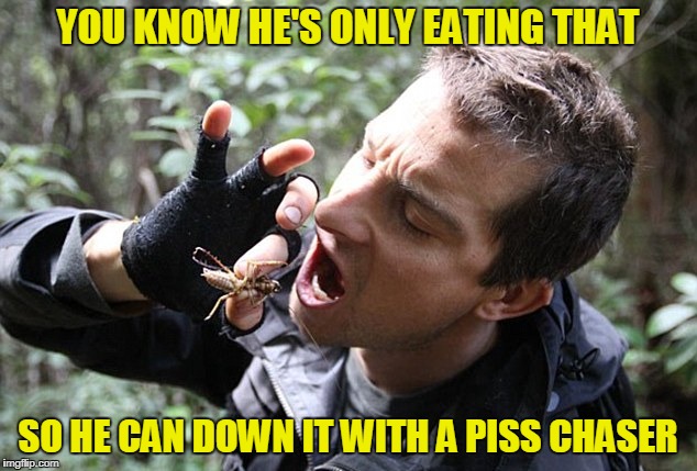 I wonder what vintage it will be tonight? | YOU KNOW HE'S ONLY EATING THAT; SO HE CAN DOWN IT WITH A PISS CHASER | image tagged in bear grylls,memes,piss,urine,bugs,survival | made w/ Imgflip meme maker