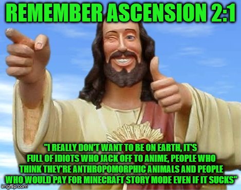 REMEMBER ASCENSION 2:1 "I REALLY DON'T WANT TO BE ON EARTH, IT'S FULL OF IDIOTS WHO JACK OFF TO ANIME, PEOPLE WHO THINK THEY'RE ANTHROPOMORP | made w/ Imgflip meme maker