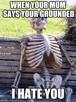 Waiting Skeleton Meme | WHEN YOUR MOM SAYS YOUR GROUNDED; I HATE YOU | image tagged in memes,waiting skeleton | made w/ Imgflip meme maker