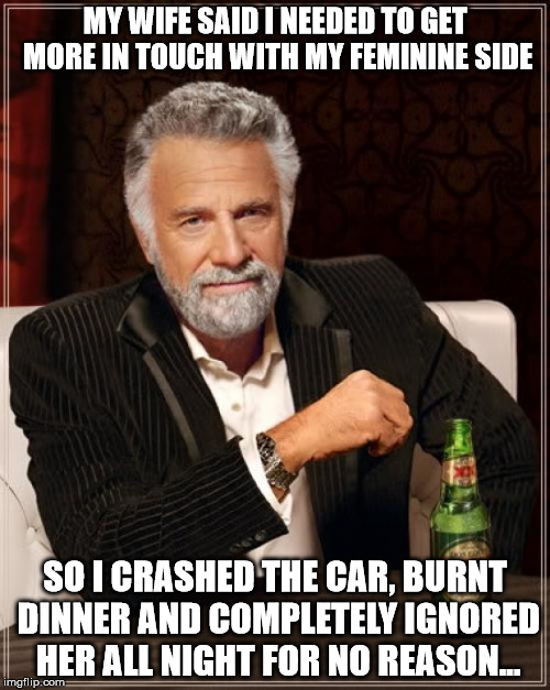 The Most Interesting Man In The World Meme | MY WIFE SAID I NEEDED TO GET MORE IN TOUCH WITH MY FEMININE SIDE; SO I CRASHED THE CAR, BURNT DINNER AND COMPLETELY IGNORED HER ALL NIGHT FOR NO REASON... | image tagged in memes,the most interesting man in the world | made w/ Imgflip meme maker