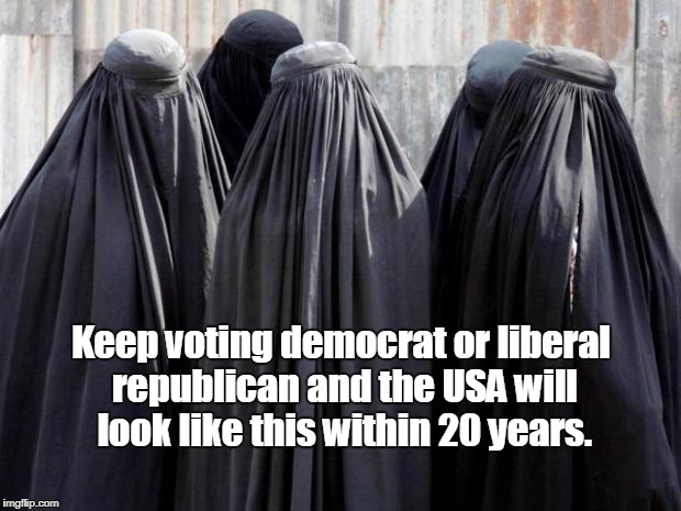 Burka wearing in 20 years | Keep voting democrat or liberal republican and the USA will look like this within 20 years. | image tagged in burkas,liberals,rinos,islam | made w/ Imgflip meme maker