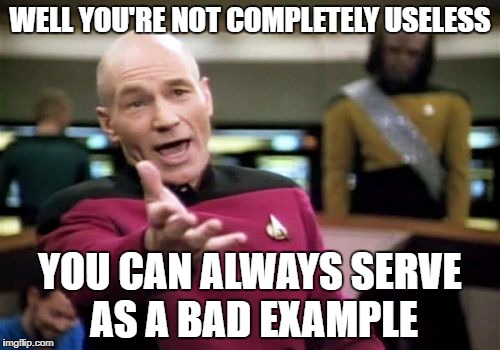 Picard Wtf | WELL YOU'RE NOT COMPLETELY USELESS; YOU CAN ALWAYS SERVE AS A BAD EXAMPLE | image tagged in memes,picard wtf | made w/ Imgflip meme maker