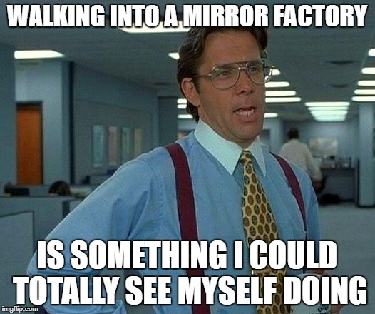 That Would Be Great Meme | WALKING INTO A MIRROR FACTORY; IS SOMETHING I COULD TOTALLY SEE MYSELF DOING | image tagged in memes,that would be great | made w/ Imgflip meme maker