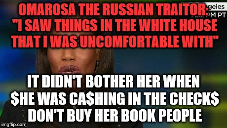 Omarosa | OMAROSA THE RUSSIAN TRAITOR: "I SAW THINGS IN THE WHITE HOUSE THAT I WAS UNCOMFORTABLE WITH"; IT DIDN'T BOTHER HER WHEN $HE WAS CA$HING IN THE CHECK$ DON'T BUY HER BOOK PEOPLE | image tagged in omarosa | made w/ Imgflip meme maker